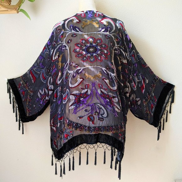 Anthropologie Tops - JBS KLIMT-STYLE SILK BURNED OUT VELVET WITH TASSELS & BEADS FLORAL KIMONO TOP